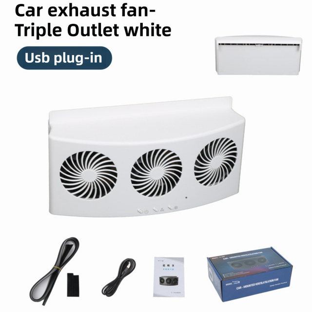 White USB Plug in Triple Outlet Car Window Ventilation and Exhaust Fan - 4500 RPM Air Circulation and Foldable Space Saving, Remove Heat Odors Smoke and Stale Air for Most Vehicles without Anti-Pinch Feature