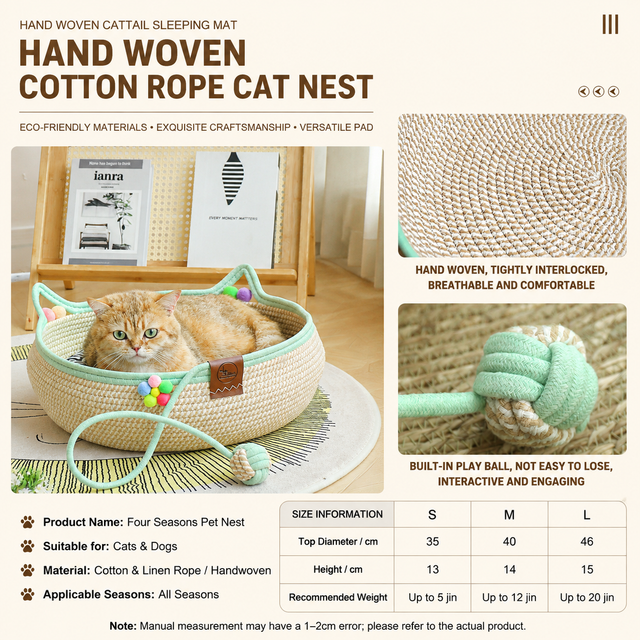 S Size Handwoven Natural Rattan Cat Bed and Scratcher - Washable Low-Mess Round Nest with Blue Removable Cushion, Pillow, Cooling Mat and Toy Ball for All-Season Indoor Rest