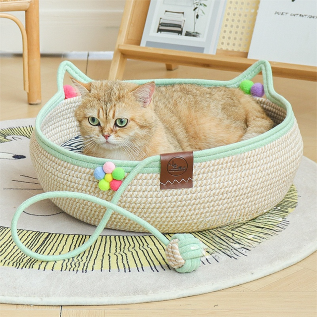 S Size Handwoven Natural Rattan Cat Bed and Scratcher - Washable Low-Mess Round Nest with Blue Removable Cushion, Pillow, Cooling Mat and Toy Ball for All-Season Indoor Rest