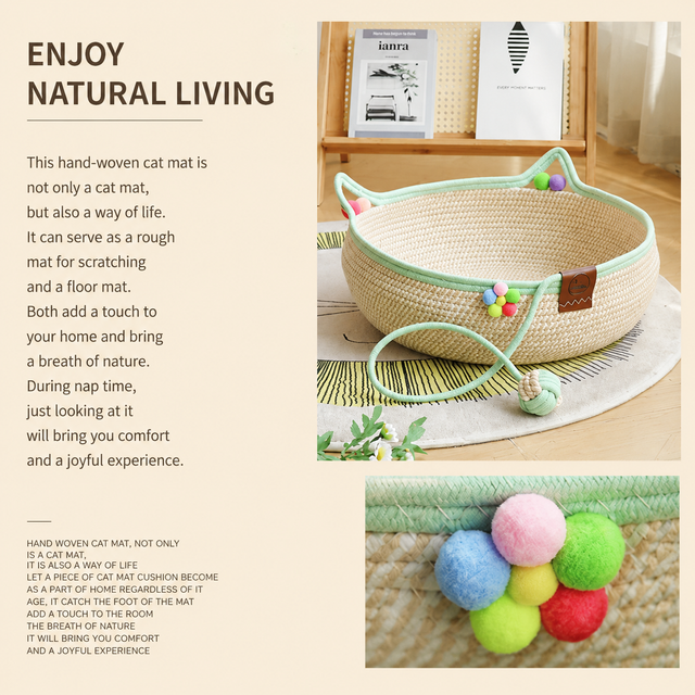 M Size Handwoven Natural Rattan Cat Bed and Scratcher - Washable Low-Mess Round Nest with White Removable Cushion, Pillow, Cooling Mat and Toy Ball for All-Season Indoor Rest