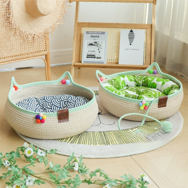 L Size Handwoven Natural Rattan Cat Bed and Scratcher - Washable Low-Mess Round Nest with Blue Removable Cushion, Pillow, Cooling Mat and Toy Ball for All-Season Indoor Rest