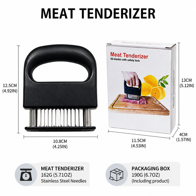 Stainless Steel Meat Tenderizer Tool - Heavy Duty 48 Needle Spring Loaded Tenderiser with Safe Baffle and Handle for Steak Beef Pressing and Everyday Kitchen Prep