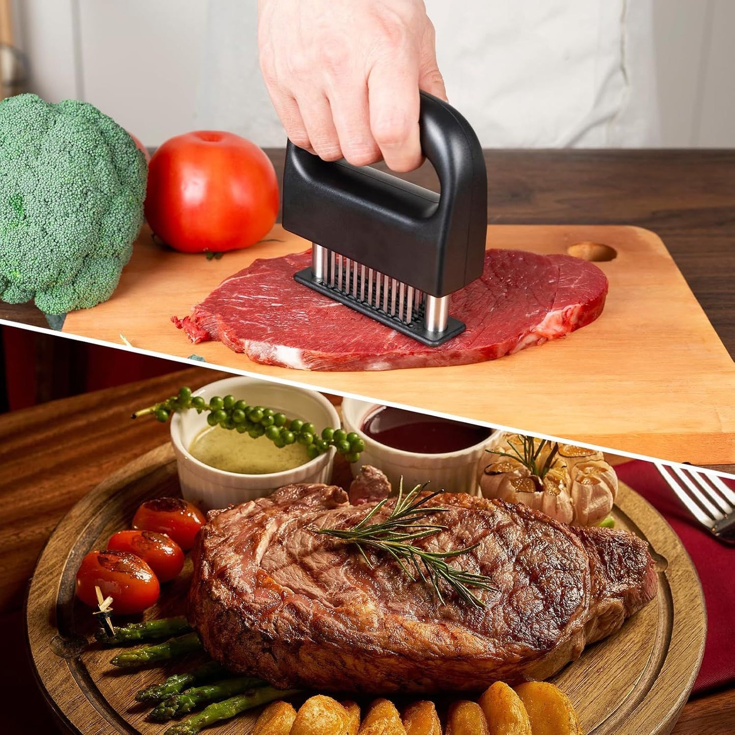 Stainless Steel Meat Tenderizer Tool - Heavy Duty 48 Needle Spring Loaded Tenderiser with Safe Baffle and Handle for Steak Beef Pressing and Everyday Kitchen Prep