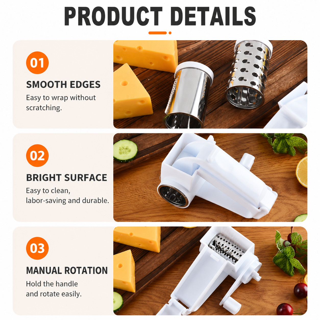 Rotary Cheese Grater with 3 Stainless Steel Blades and Safe Top Pressing Cover - Manual Hand Crank Shredder, Stable and Effortless for Cheese Vegetables & Kitchen Mutifunctional Use (Boxed)