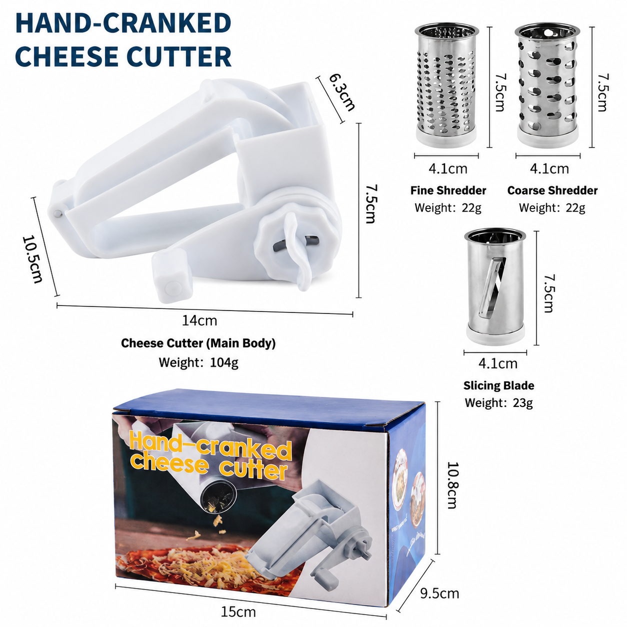Rotary Cheese Grater with 3 Stainless Steel Blades and Safe Top Pressing Cover - Manual Hand Crank Shredder, Stable and Effortless for Cheese Vegetables & Kitchen Mutifunctional Use (Boxed)