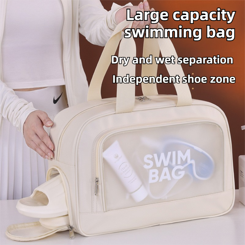 Beige Durable Waterproof Swim Bag with Shoe Compartment & Wet Dry Separation, High-Capacity Travel Tote Bag for Swimming Gym and Beach Trips, 37 x 14.5 x 24cm