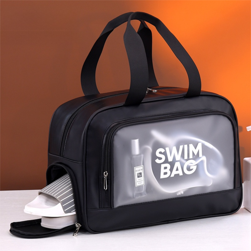 Black Durable Waterproof Swim Bag with Shoe Compartment & Wet Dry Separation, High-Capacity Travel Tote Bag for Swimming Gym and Beach Trips, 37 x 14.5 x 24cm