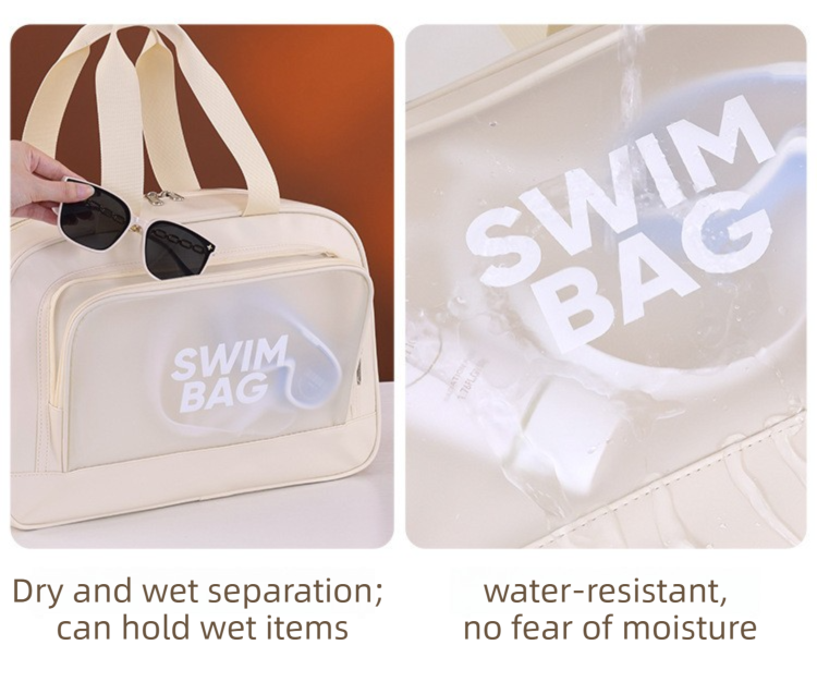 Black Durable Waterproof Swim Bag with Shoe Compartment & Wet Dry Separation, High-Capacity Travel Tote Bag for Swimming Gym and Beach Trips, 37 x 14.5 x 24cm