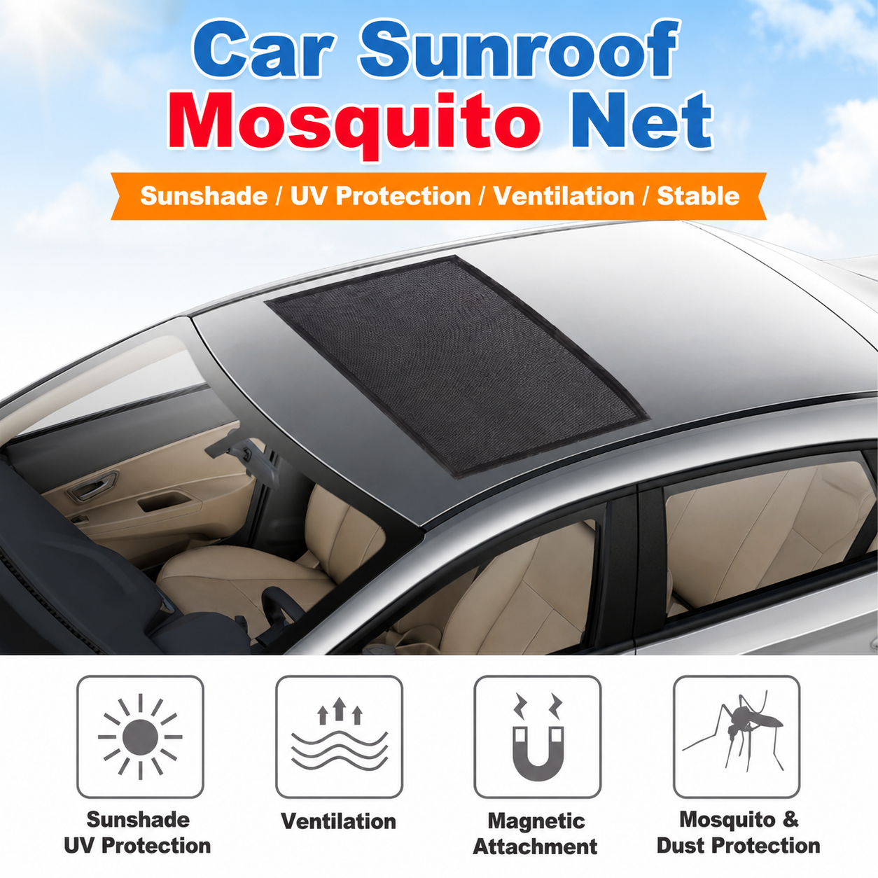 Black Foldable Magnetic Car Sunroof Mosquito Net with Storage Bag, UV Sunshade Ventilation & Dust Protection, Universal High-density Mesh Cover for Car Roof Window, L 100 x 65CM