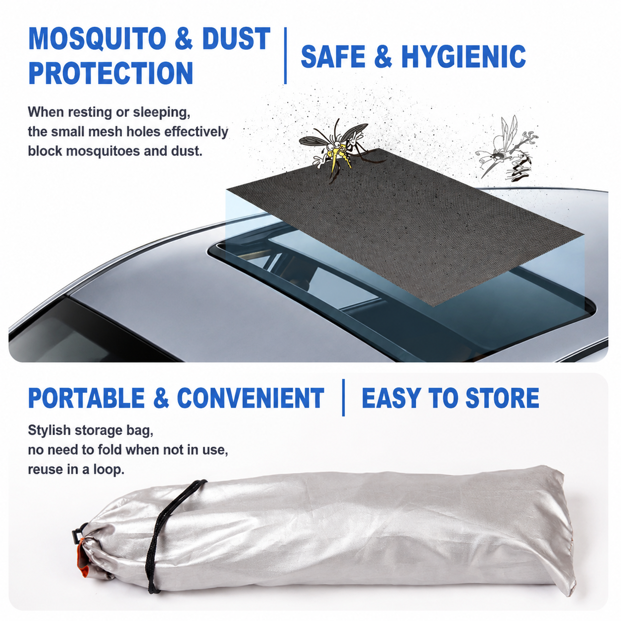 Black Foldable Magnetic Car Sunroof Mosquito Net with Storage Bag, UV Sunshade Ventilation & Dust Protection, Universal High-density Mesh Cover for Car Roof Window, 2XL 160 x 100CM