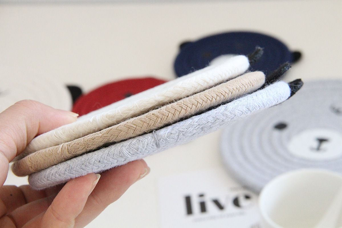 4PCS White Cute Bear Woven Cotton Coasters, 18cm Dia Durable Heat Resistant Trivets Set for Drink Cup Dishes and Pot