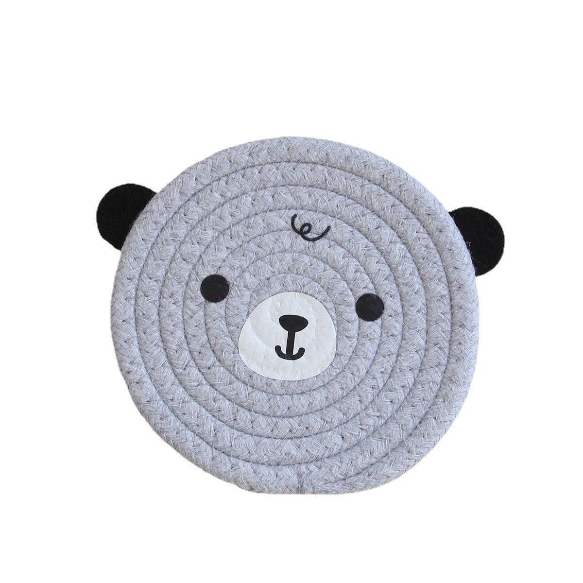 4PCS Grey Cute Bear Woven Cotton Coasters, 18cm Dia Durable Heat Resistant Trivets Set for Drink Cup Dishes and Pot