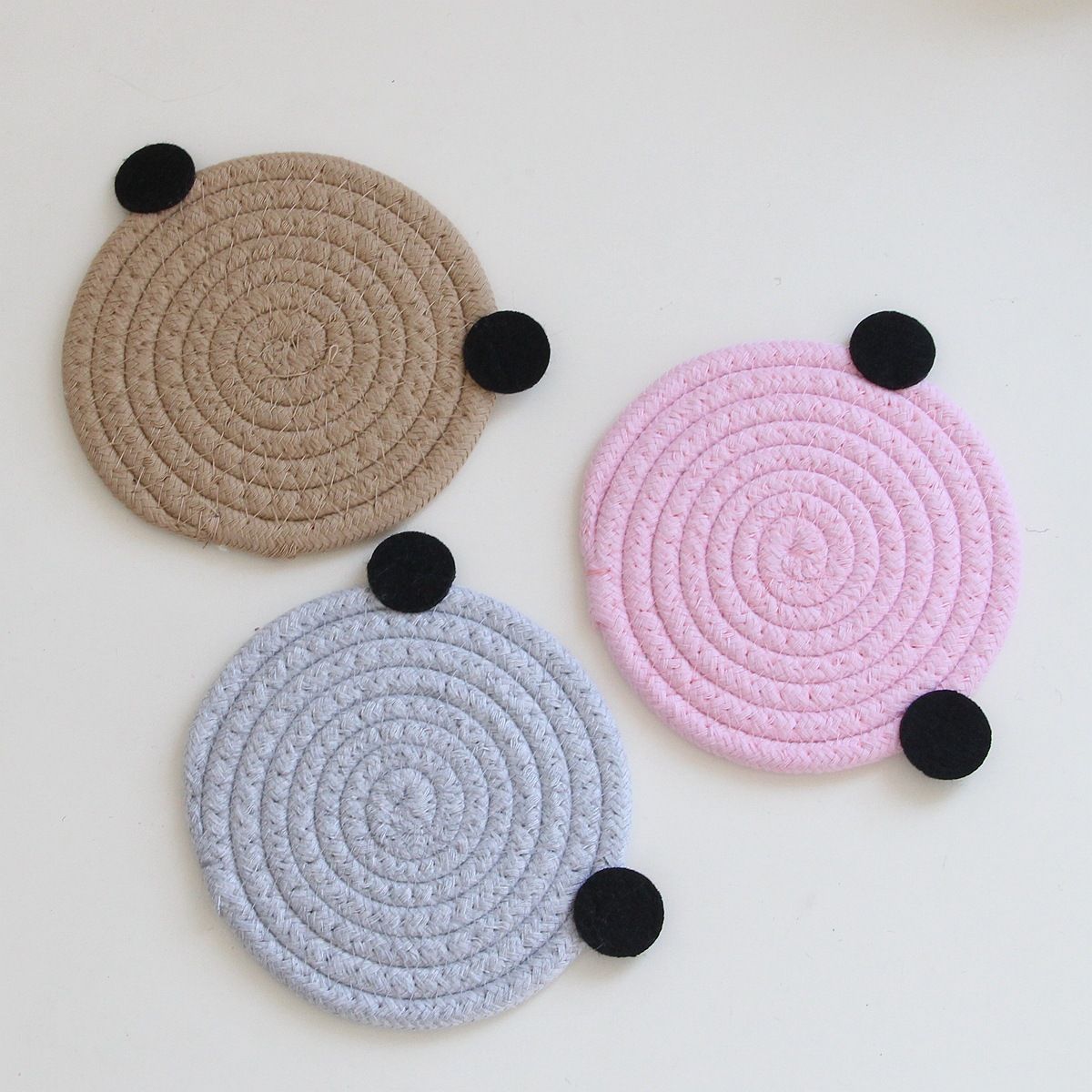 4PCS Grey Cute Bear Woven Cotton Coasters, 18cm Dia Durable Heat Resistant Trivets Set for Drink Cup Dishes and Pot