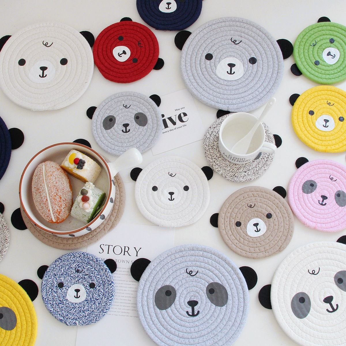 4PCS Pink Cute Bear Woven Cotton Coasters, 12cm Dia Durable Heat Resistant Trivets Set for Drink Cup Dishes and Pot