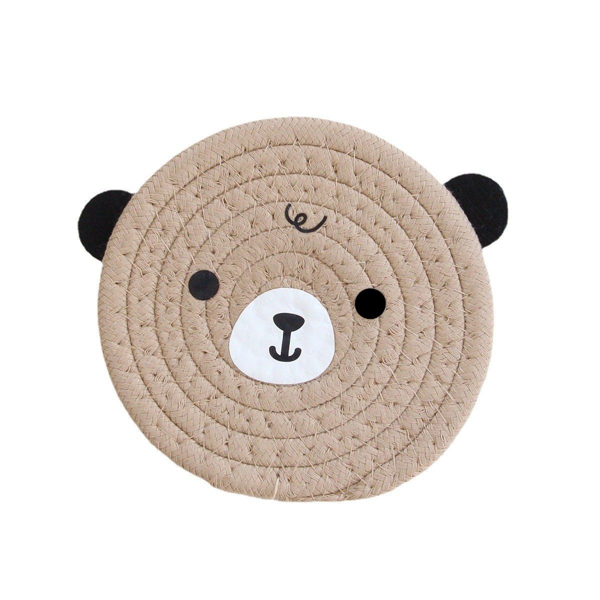4PCS Khaki Cute Bear Woven Cotton Coasters, 12cm Dia Durable Heat Resistant Trivets Set for Drink Cup Dishes and Pot