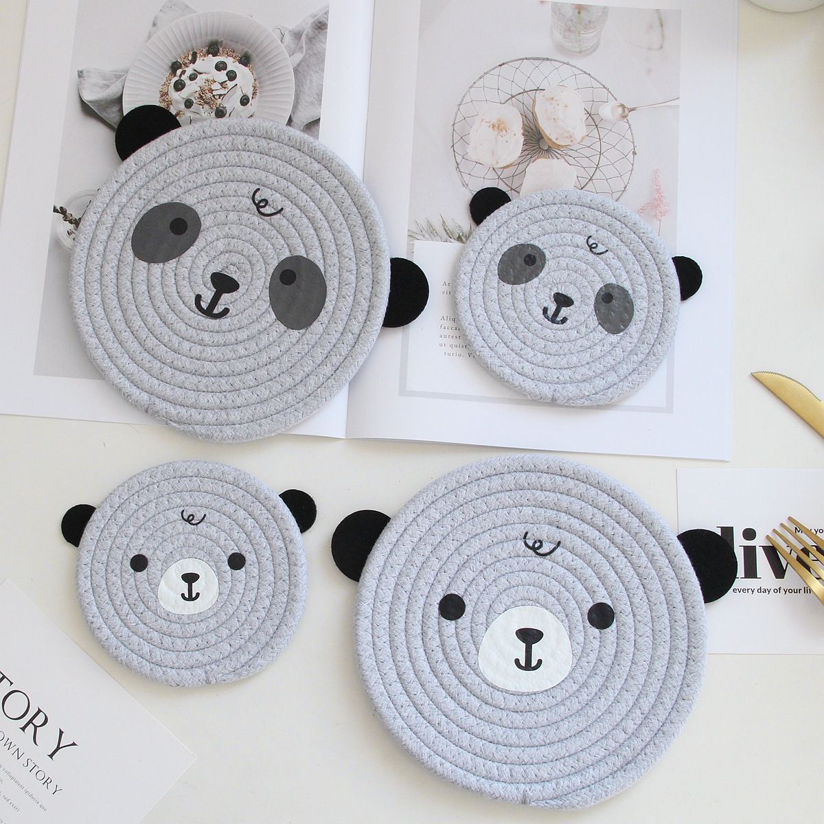 4PCS Coffee Variegated Cute Bear Woven Cotton Coasters, 12cm Dia Durable Heat Resistant Trivets Set for Drink Cup Dishes and Pot