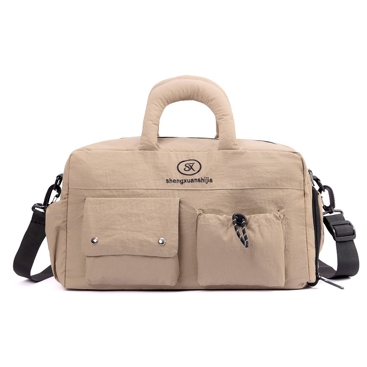 Khaki Large Capacity Waterproof Travel Duffel Bag with Shoe Compartment & Padded Sponge Handles - Lightweight Muti Pockets Gym Crossbody Bag and Airplane Carry On Tote, 44 x 25 x 23CM