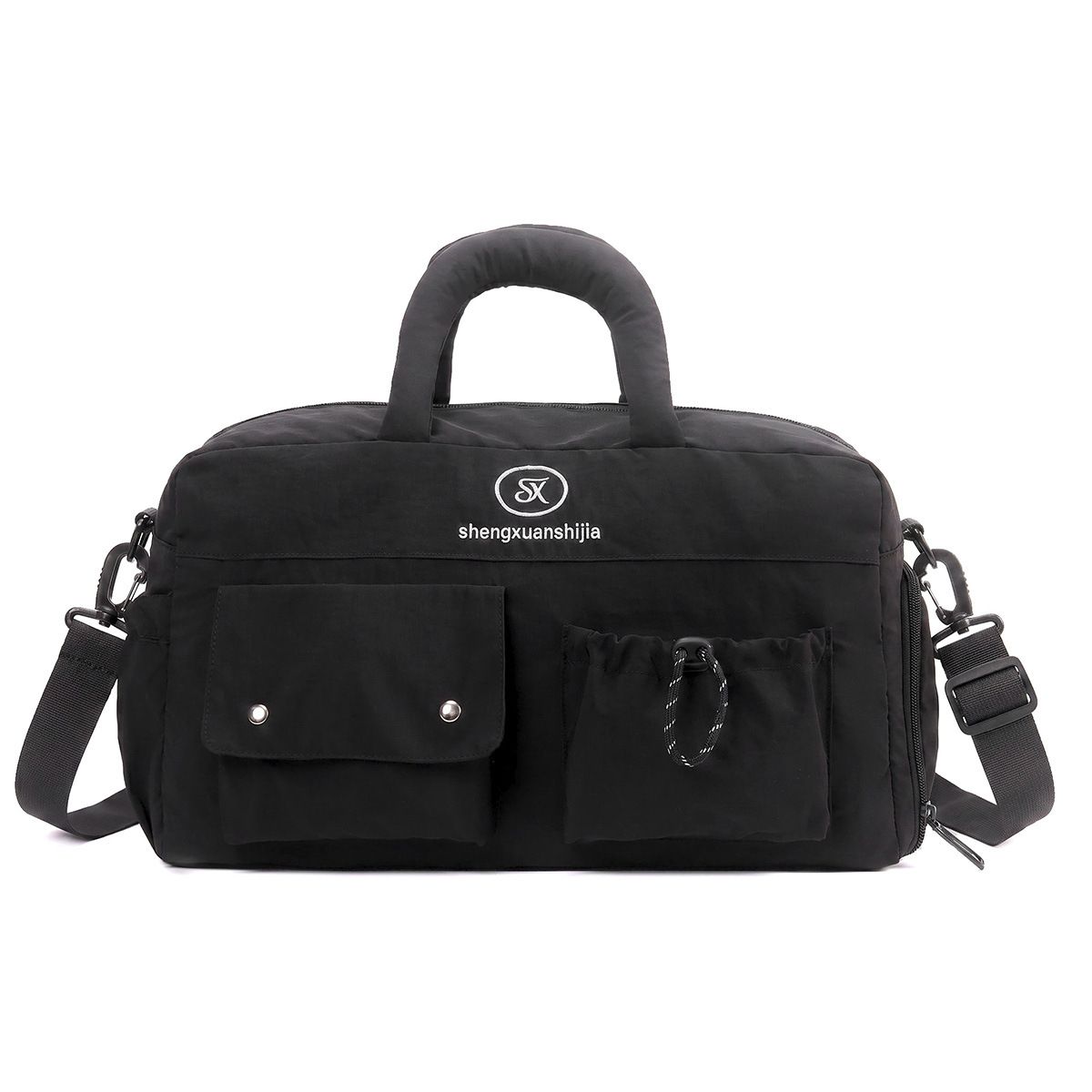 Black Large Capacity Waterproof Travel Duffel Bag with Shoe Compartment & Padded Sponge Handles - Lightweight Muti Pockets Gym Crossbody Bag and Airplane Carry On Tote, 44 x 25 x 23CM