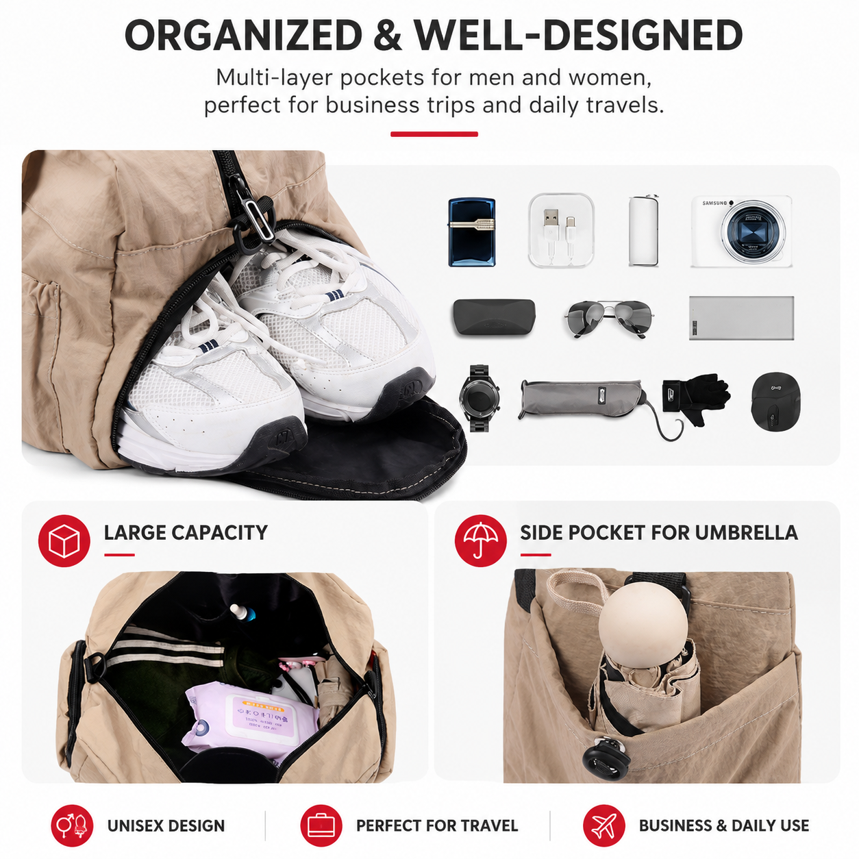 Light Yellow Large Capacity Waterproof Travel Duffel Bag with Shoe Compartment & Padded Sponge Handles - Lightweight Muti Pockets Gym Crossbody Bag and Airplane Carry On Tote, 44 x 25 x 23CM