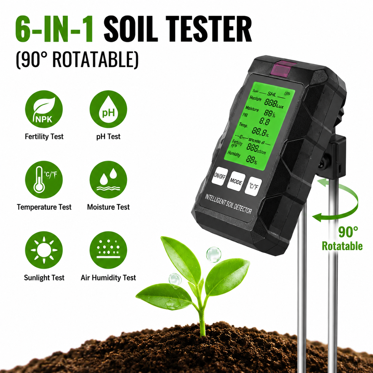 6 in 1 HD Digital Display Soil Tester (2 Pack) - PH Moisture Temperature Fertility Light Meter Plant, 90 Degree Rotation and Simple Battery Power