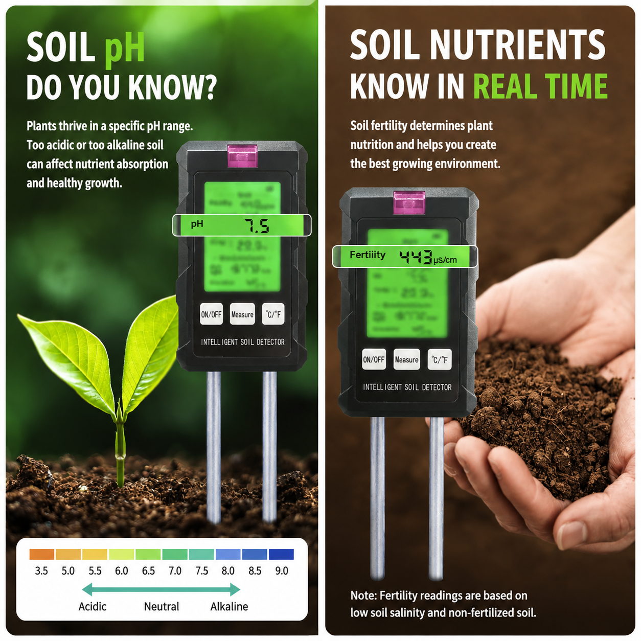 6 in 1 HD Digital Display Soil Tester (2 Pack) - PH Moisture Temperature Fertility Light Meter Plant, 90 Degree Rotation and Simple Battery Power