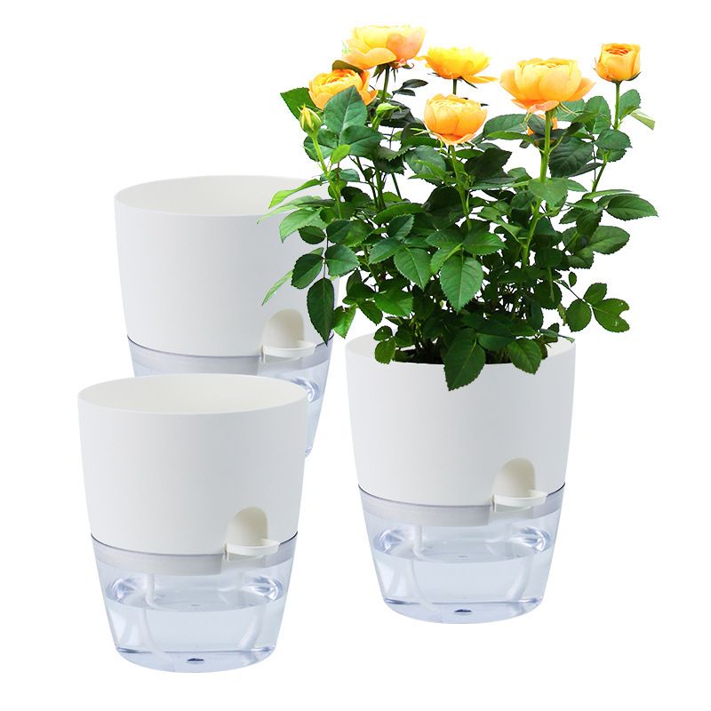3 Pack White Indoor Self Watering Planter Pot - 6 Inch Double Layer Rempvable Plastic Flower Pot with Extra Large Water Storage and Cotton Rope for All House Plants, Flowers, Herbs