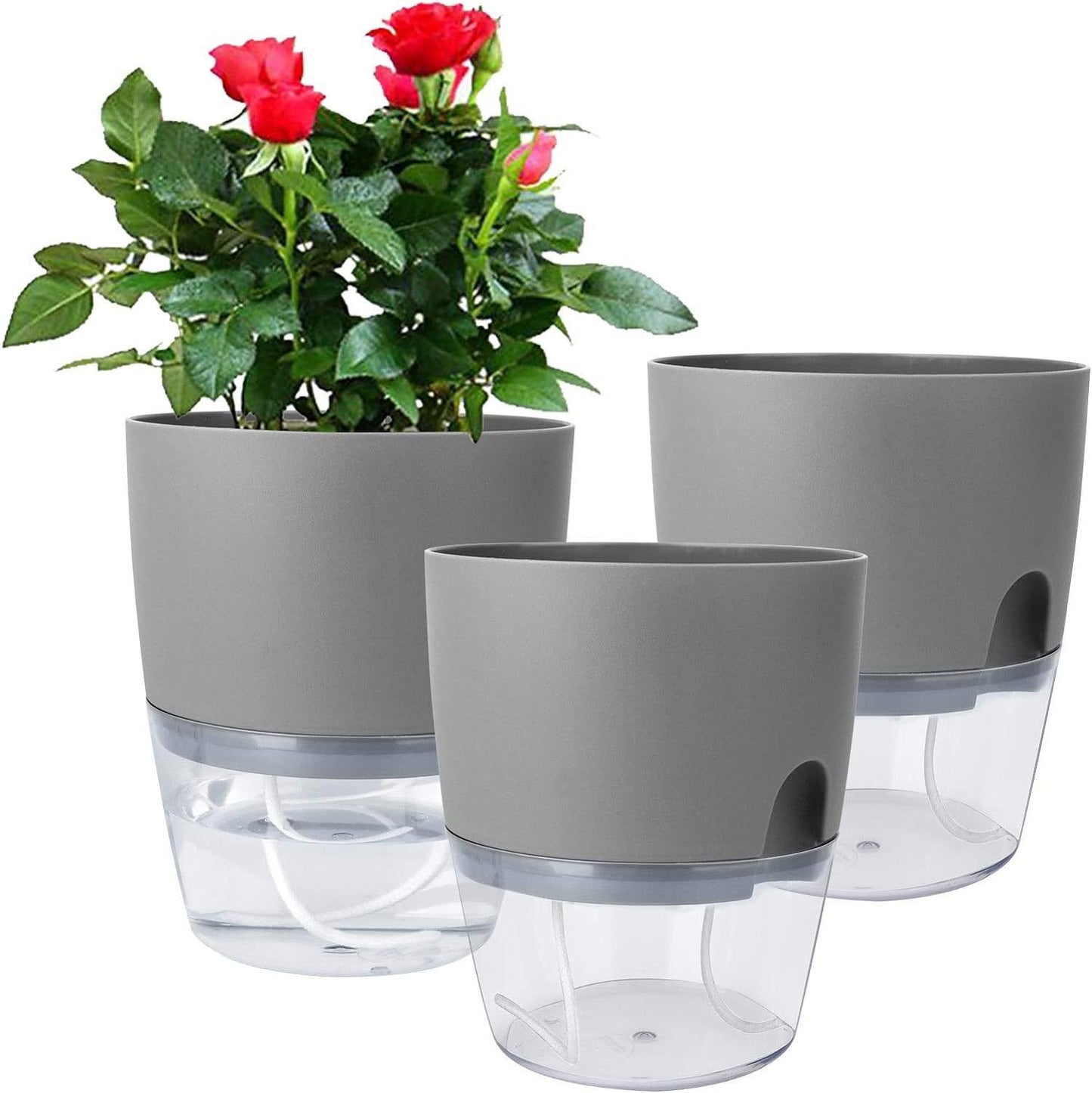 3 Pack Grey Indoor Self Watering Planter Pot - 6 Inch Double Layer Rempvable Plastic Flower Pot with Extra Large Water Storage and Cotton Rope for All House Plants, Flowers, Herbs