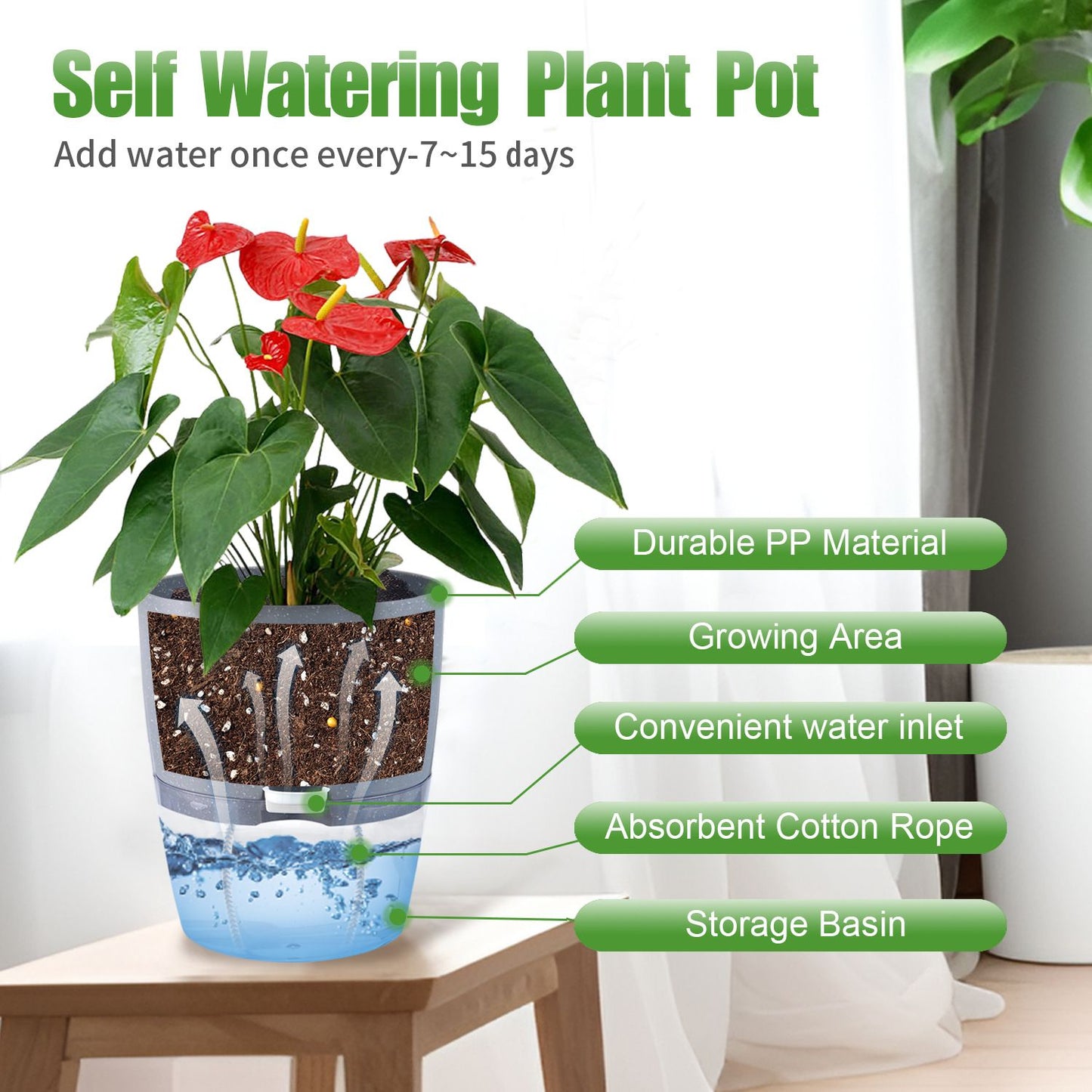 3 Pack Grey Indoor Self Watering Planter Pot - 6 Inch Double Layer Rempvable Plastic Flower Pot with Extra Large Water Storage and Cotton Rope for All House Plants, Flowers, Herbs