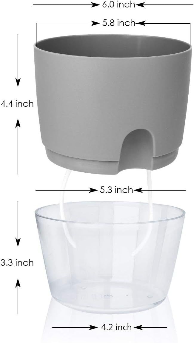 3 Pack Grey Indoor Self Watering Planter Pot - 6 Inch Double Layer Rempvable Plastic Flower Pot with Extra Large Water Storage and Cotton Rope for All House Plants, Flowers, Herbs