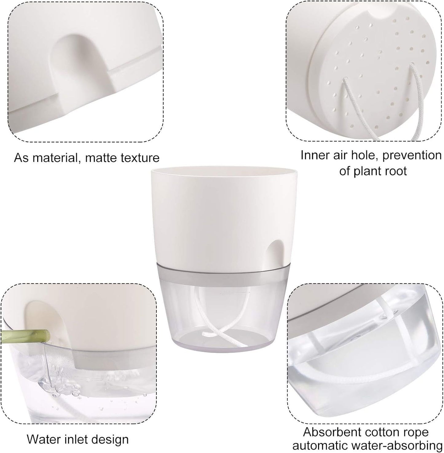 White Indoor Self Watering Planter Pot - 6 Inch Double Layer Rempvable Plastic Flower Pot with Extra Large Water Storage and Cotton Rope for All House Plants, Flowers, Herbs