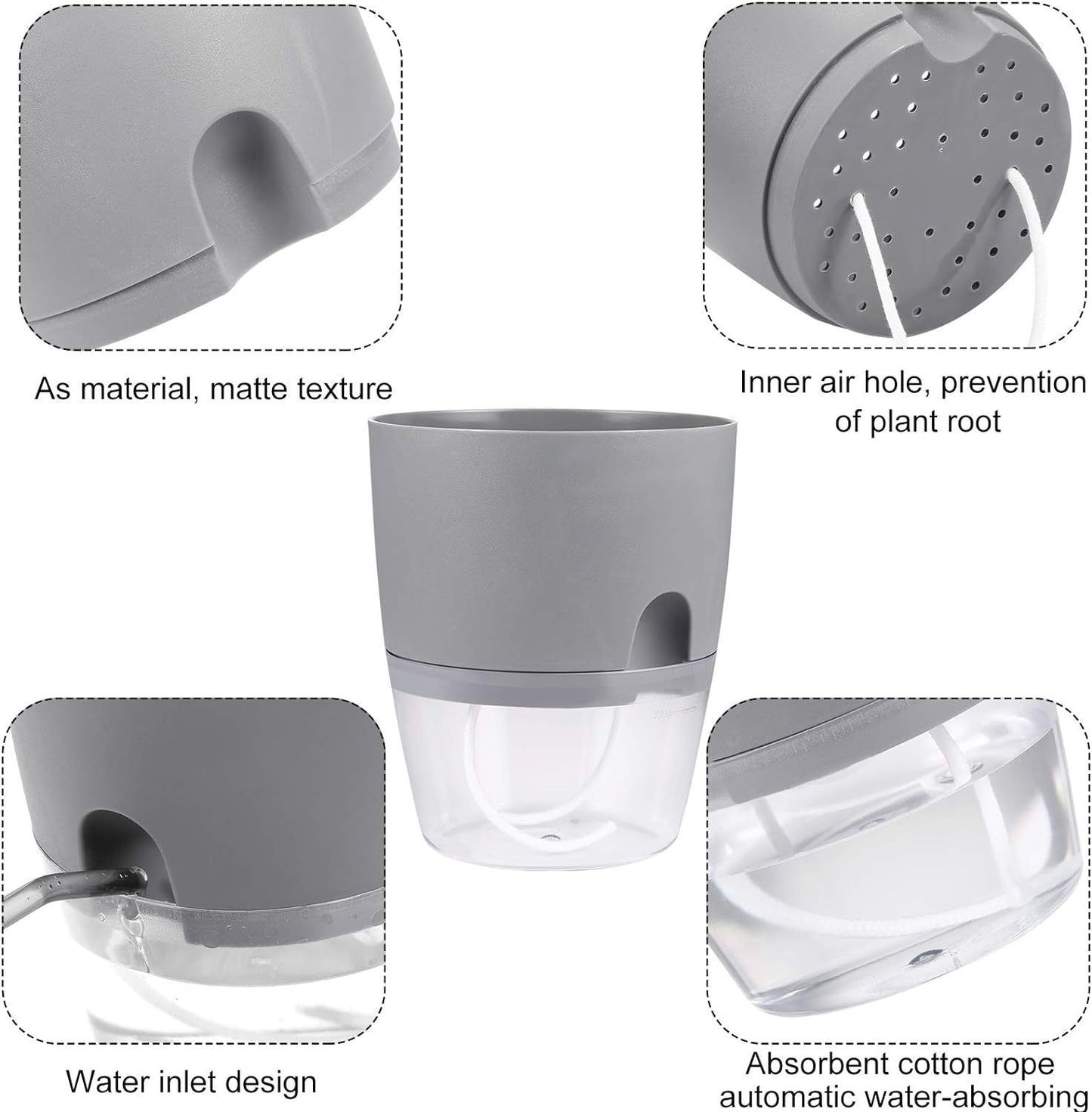 Grey Indoor Self Watering Planter Pot - 6 Inch Double Layer Rempvable Plastic Flower Pot with Extra Large Water Storage and Cotton Rope for All House Plants, Flowers, Herbs