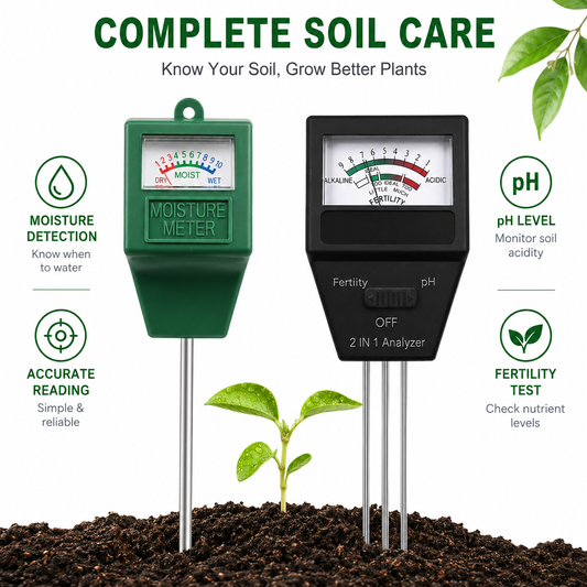 3-in-1 Soil Care Tester Kit for Soil Moisture pH Acidity and Fertility  - 2 Pack Plant Sensor Meters with Simple Color Dials, Battery-Free Plug and Play