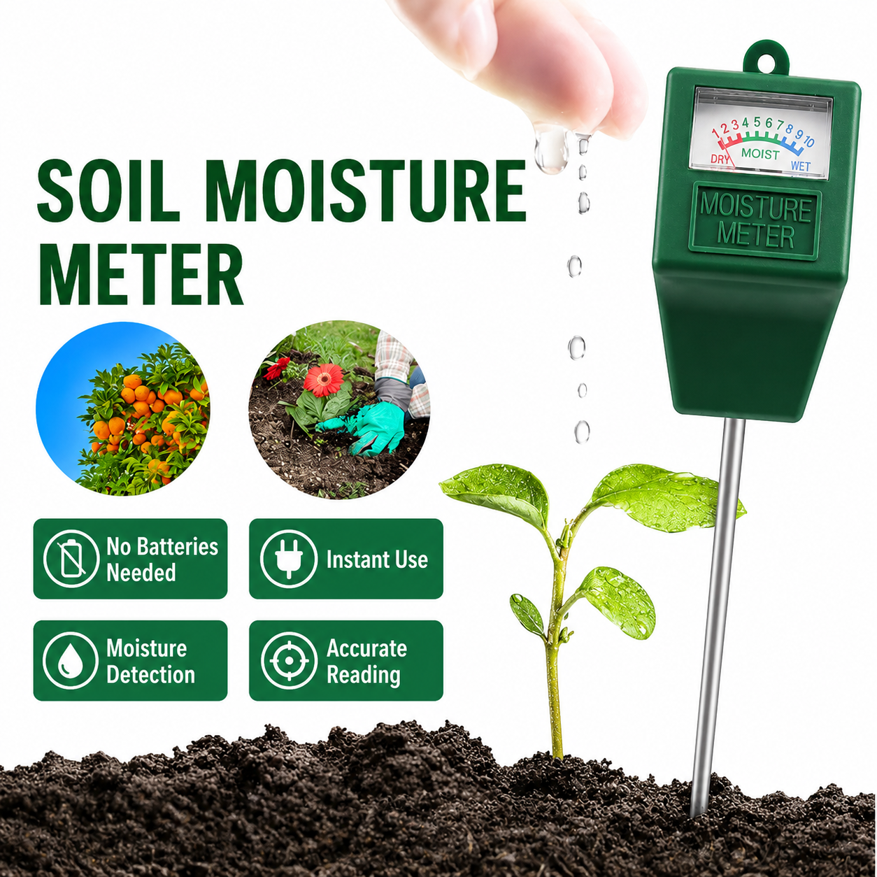 2PCS Soil Moisture Meter - Single Probe Plant Water Tester, Battery-Free Garden Soil Sensor, Plug and Play