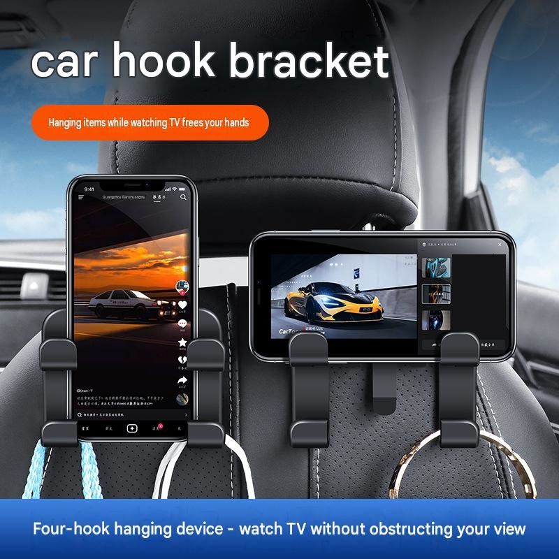 1pcs Multifunctional Car Seat Back Hook and Phone Holder - ABS Material, 4-Hook Design, Space Saving Organizer for Rear Seat Storage and Hands Free Viewing