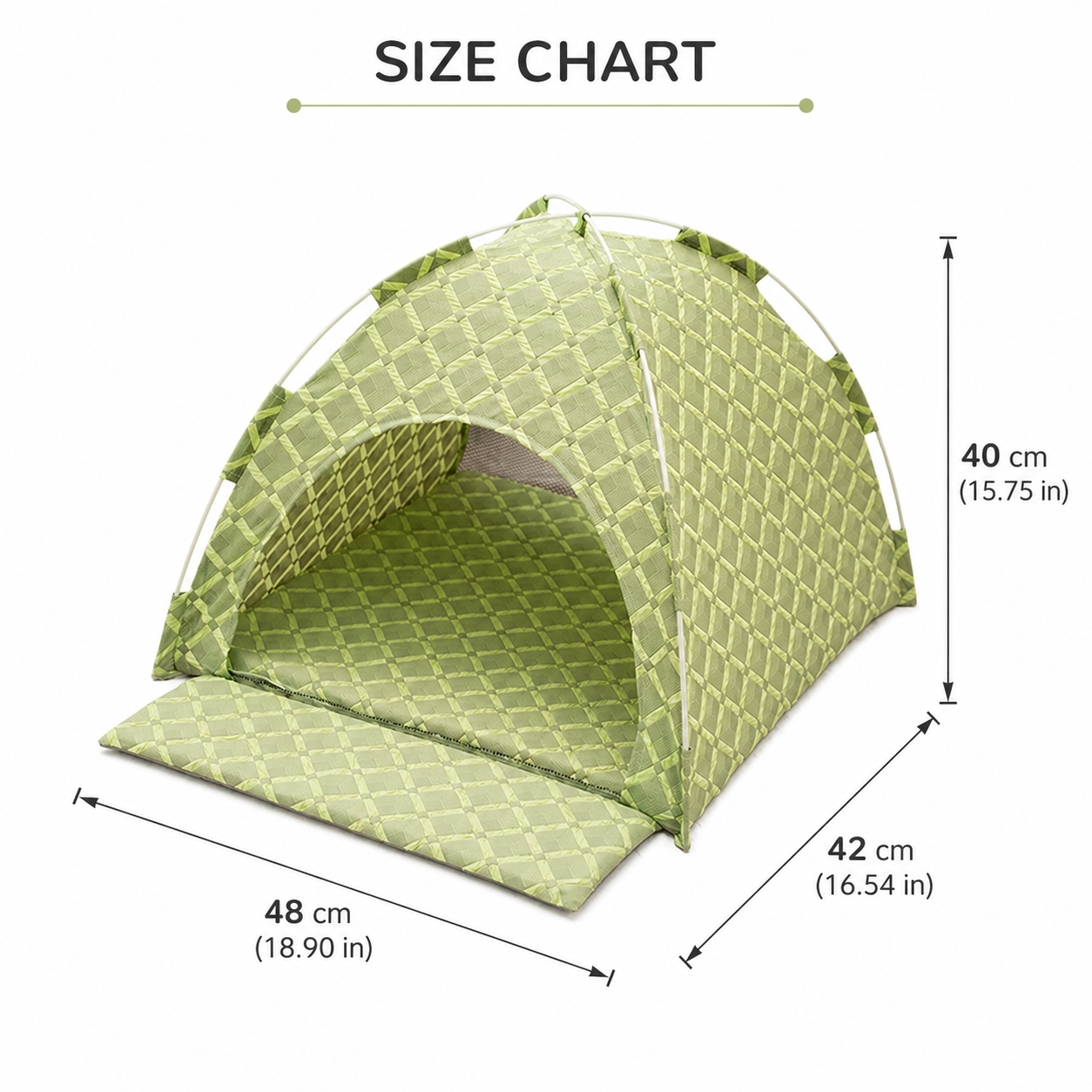 Green 48x42x40cm Summer Pet Cooling Tent Bed - Semi Enclosed Cat Dog House with Waterproof Oxford Fabric, Breathable Mesh, Fiberglass Frame, Non Slip Base