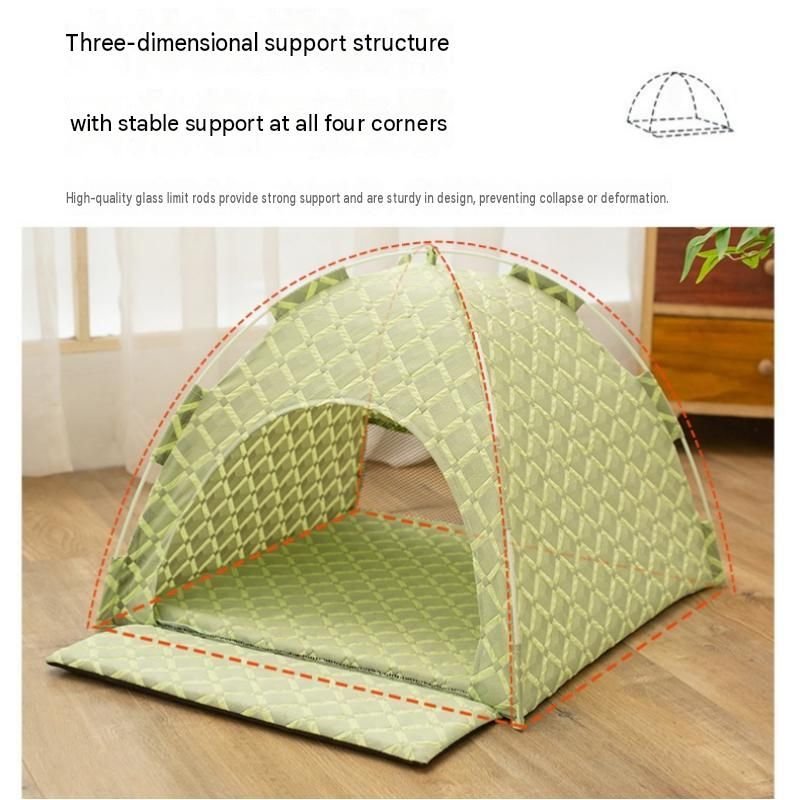 Green 48x42x40cm Summer Pet Cooling Tent Bed - Semi Enclosed Cat Dog House with Waterproof Oxford Fabric, Breathable Mesh, Fiberglass Frame, Non Slip Base