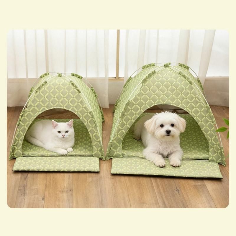 Grey 48x42x40cm Summer Pet Cooling Tent Bed - Semi Enclosed Cat Dog House with Waterproof Oxford Fabric, Breathable Mesh, Fiberglass Frame, Non Slip Base