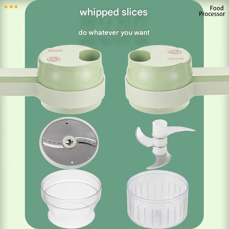 Green Multifunctional Electric Handheld Food Processor - ABS and PP with 201 Stainless Steel Blade - Rechargeable Vegetable Chopper Slicer Garlic Mincer with Cleaning Brush for Kitchen Prep