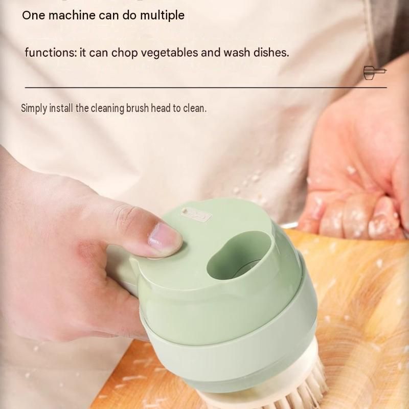 Green Multifunctional Electric Handheld Food Processor - ABS and PP with 201 Stainless Steel Blade - Rechargeable Vegetable Chopper Slicer Garlic Mincer with Cleaning Brush for Kitchen Prep