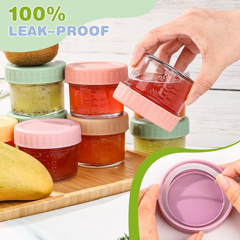 Purple lid 4oz Glass  Storage Jars with Leakproof Lids and Measurement Marks - BPA Free, Microwave and Dishwasher Safe, Ideal for Homemade Purees, Sauce, and Portion Control