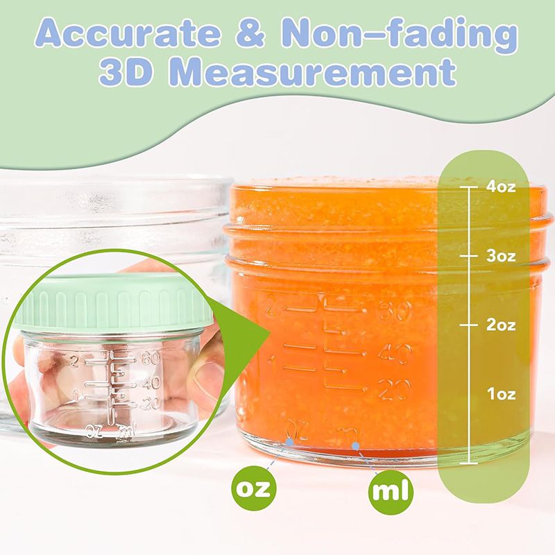 Purple lid 4oz Glass  Storage Jars with Leakproof Lids and Measurement Marks - BPA Free, Microwave and Dishwasher Safe, Ideal for Homemade Purees, Sauce, and Portion Control