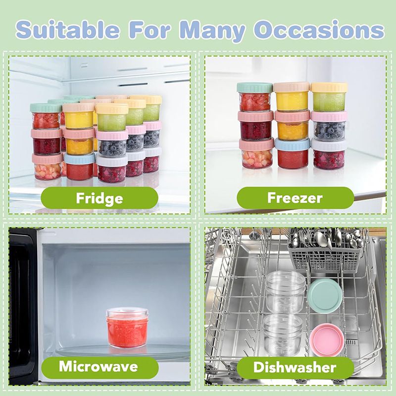 Pink lid 4oz Glass  Storage Jars with Leakproof Lids and Measurement Marks - BPA Free, Microwave and Dishwasher Safe, Ideal for Homemade Purees, Sauce, and Portion Control