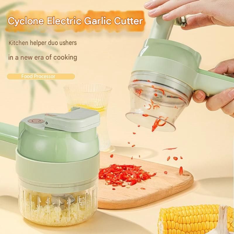 Seasoning Preparation and Storage Set-Green Electric Handheld Food Processor With Orange lid and Pink lid 4oz Glass  Storage Jars - USB-C Charging - Multi-Function Chopper, Slicer and Cleaning Brush Set for Garlic Vegetables