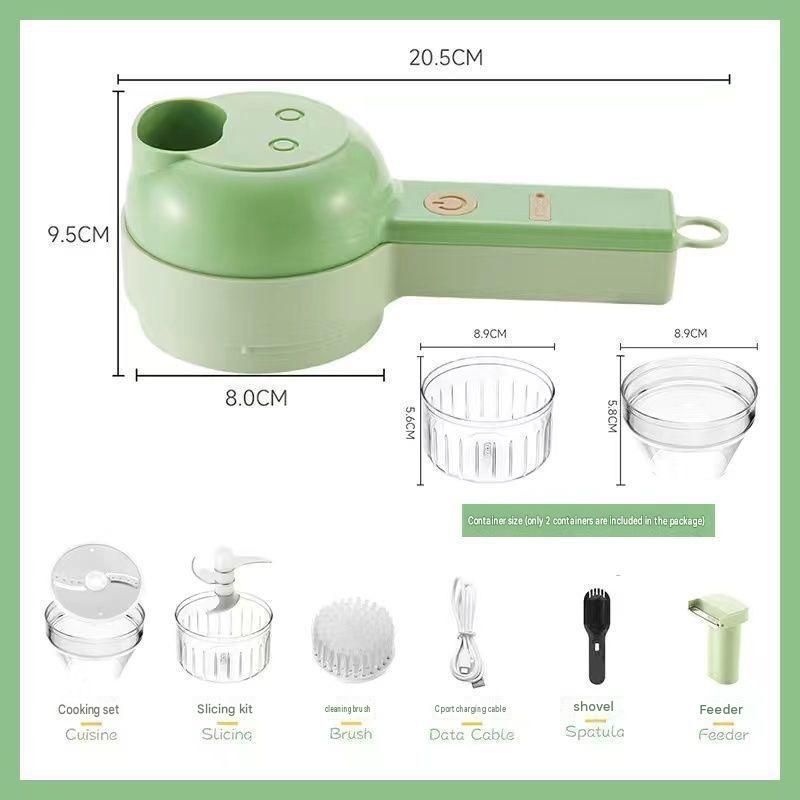 Seasoning Preparation and Storage Set-Green Electric Handheld Food Processor With Orange lid and Pink lid 4oz Glass  Storage Jars - USB-C Charging - Multi-Function Chopper, Slicer and Cleaning Brush Set for Garlic Vegetables