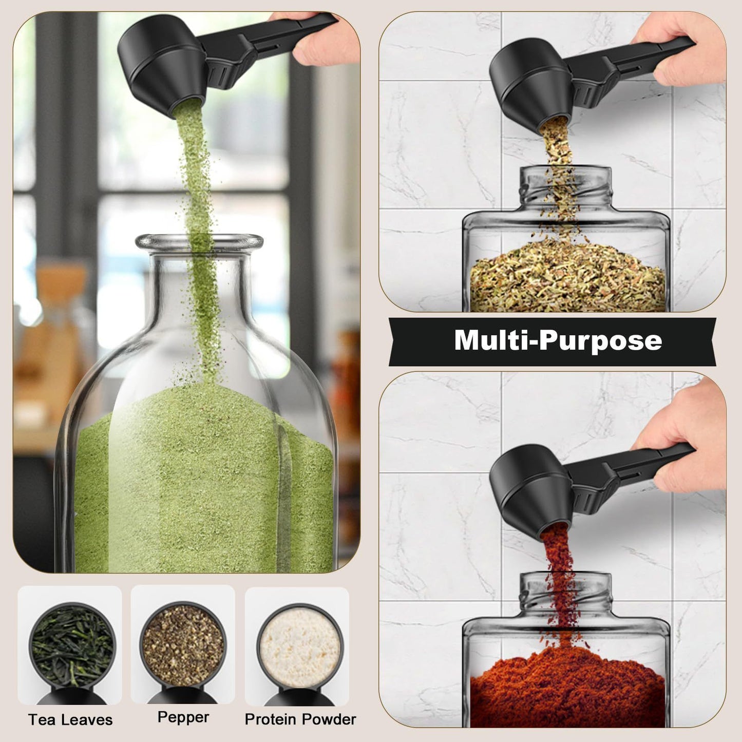 1 pcs Black Sliding Coffee Scoop  - Long Handle Plastic Measuring Spoon for Ground Coffee and Tea Leaves and Pepper and Protein Powder - Storage Design for Kitchen Organisation