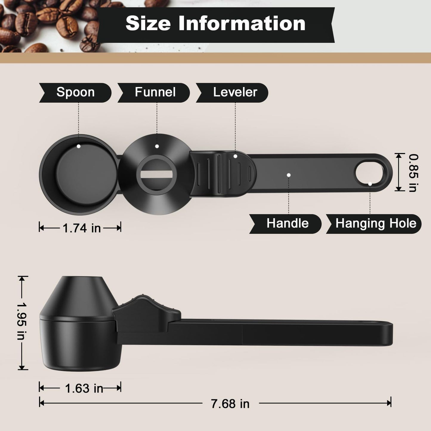 2 pcs Black Sliding Coffee Scoop  - Long Handle Plastic Measuring Spoon for Ground Coffee and Tea Leaves and Pepper and Protein Powder - Storage Design for Kitchen Organisation