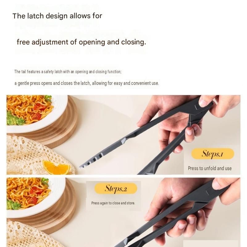 Blue Foldable Nylon Kitchen Tongs - Self-Standing Design with Serrated Grip and Locking Clip - Heat Resistant Food Serving Tool for BBQ, Pasta, Salad and Baking