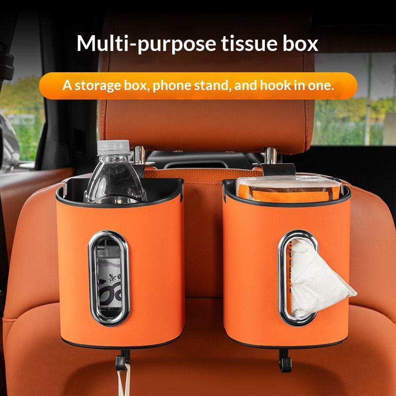 Black Multifunctional Car Seat Back Tissue Box - ABS and Faux Leather - Phone Holder, Cup Holder, Storage Bin,  Universal Fit for Most Vehicles
