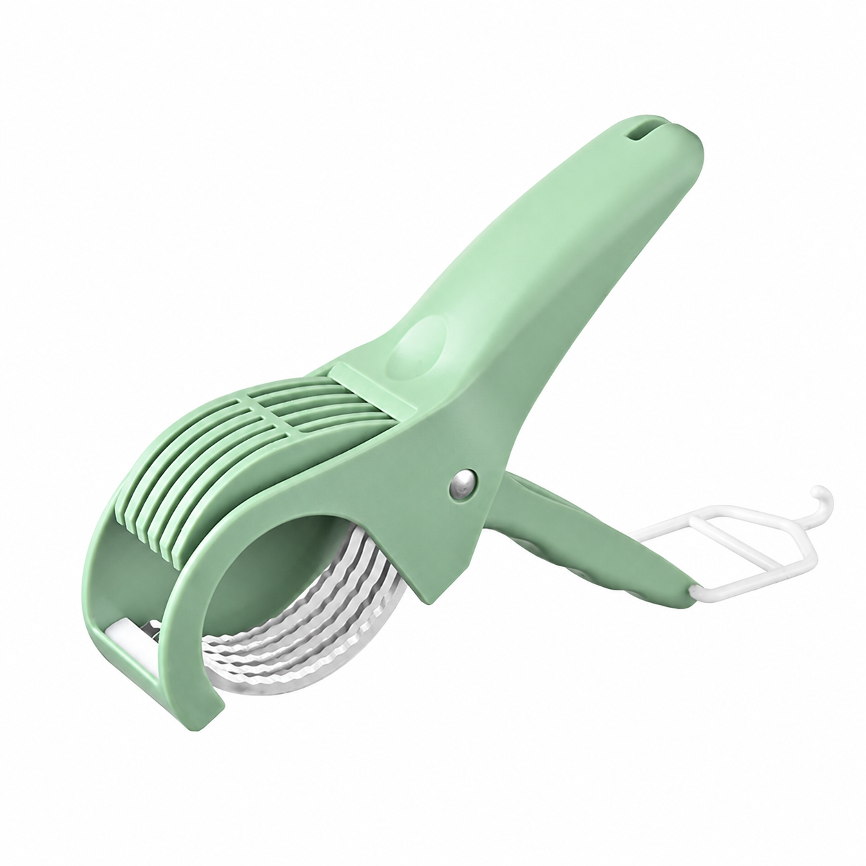 Green Multifunctional Fruit and Vegetable Slicer - Stainless Steel Blades, ABS Handle - One-Press Uniform Slicing for Banana, Cucumber, Ham, Kitchen Prep Tool with Hanging Hook