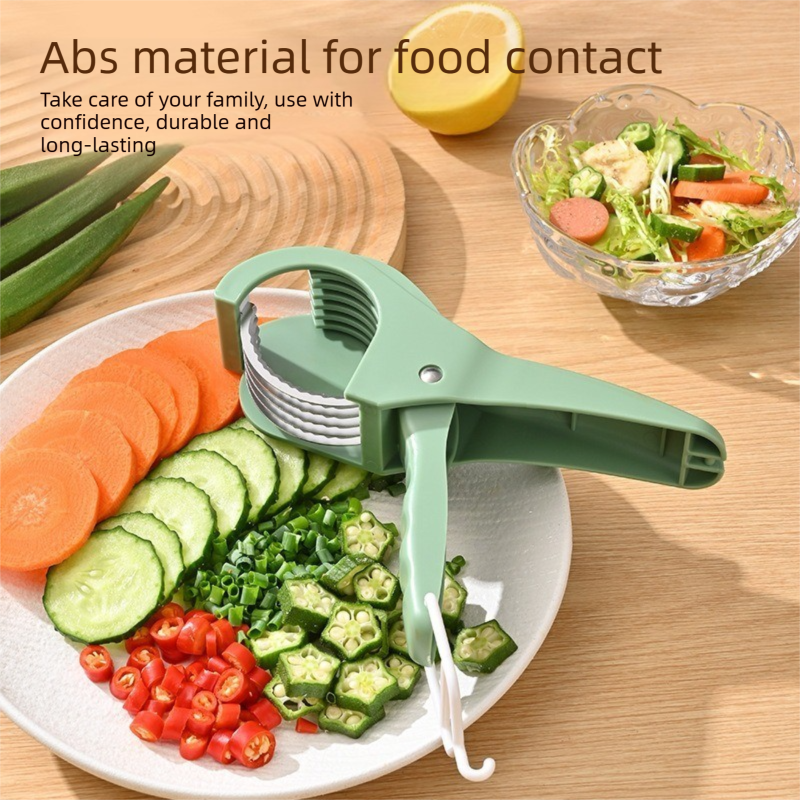 Green Multifunctional Fruit and Vegetable Slicer - Stainless Steel Blades, ABS Handle - One-Press Uniform Slicing for Banana, Cucumber, Ham, Kitchen Prep Tool with Hanging Hook